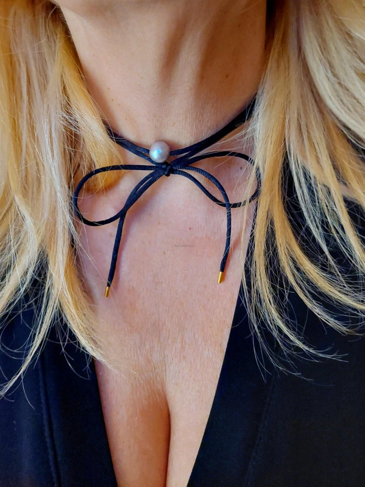 Náhrdelník - chocker FATIMA zlatý,černý - perla